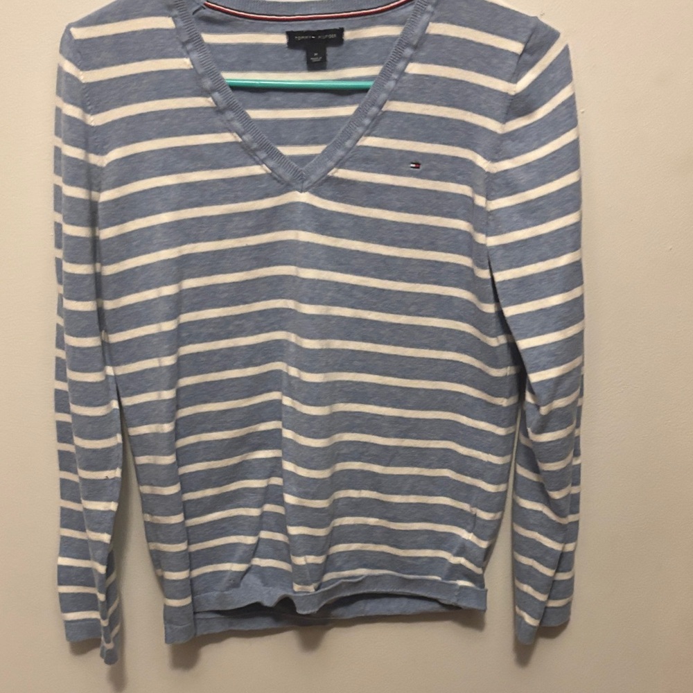 Tommy Hilfiger Blue and Cream V-Neck Sweater